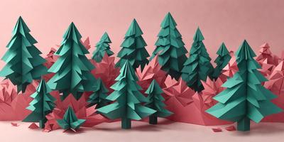 The primary subject of the image is a group of green and pink paper trees. The setting is a pink background, which creates a contrast with the green and pink colors of the trees. The visual style is a combination of digital art and illustration, as the trees are created using a pattern or texture. The overall atmosphere is warm and inviting, with the vibrant colors of the trees and the pink background creating a sense of harmony and beauty.